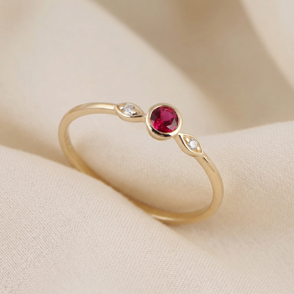 9Kt Yellow Gold Ring With Lab Diamond And Pigeon Ruby