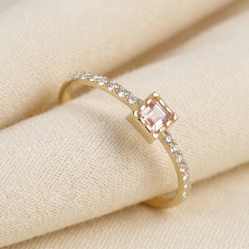 9Kt Solid Gold Ring With Lab Padparadscha Sapphire, Diamond 9Kt Solid Gold Ring With Lab Padparadscha Sapphire, Diamond