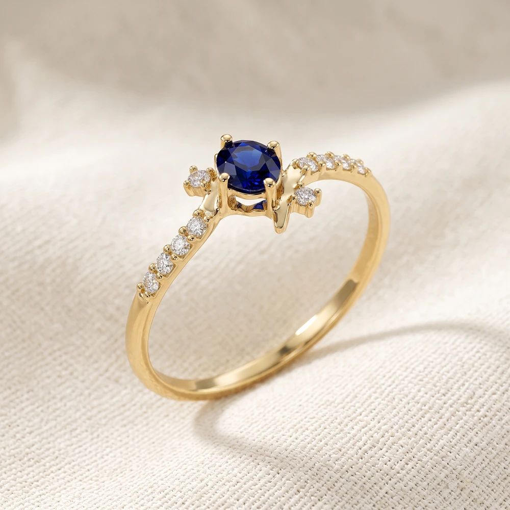 Gold Ring With Lab Grown Diamond, Royal Blue Sapphire Gold Ring With Lab Grown Diamond, Royal Blue Sapphire