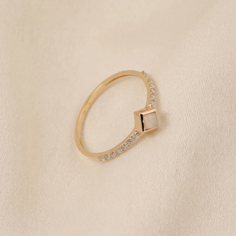 Ethiopian Opal 9Kt Yellow Gold Ring With Lab Grown Diamond