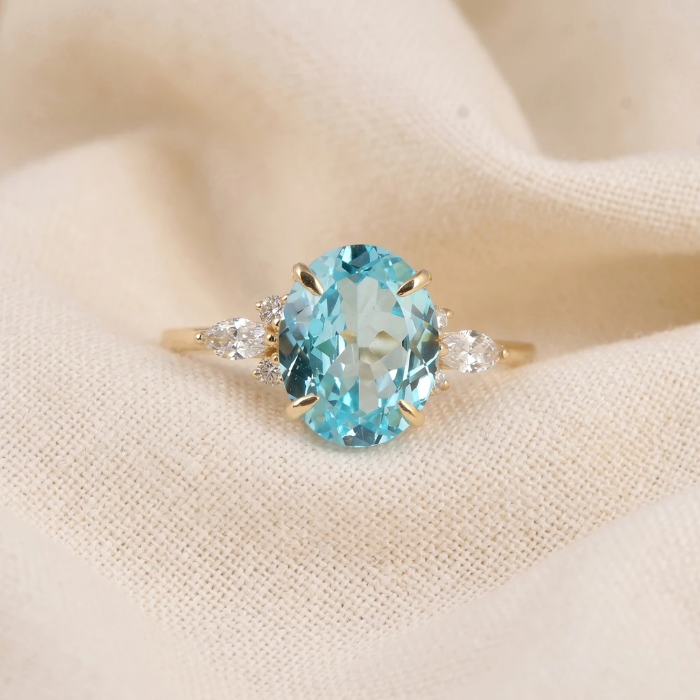 Lab Diamond And Paraiba Tourmaline 9 Karat Yellow Gold Ring