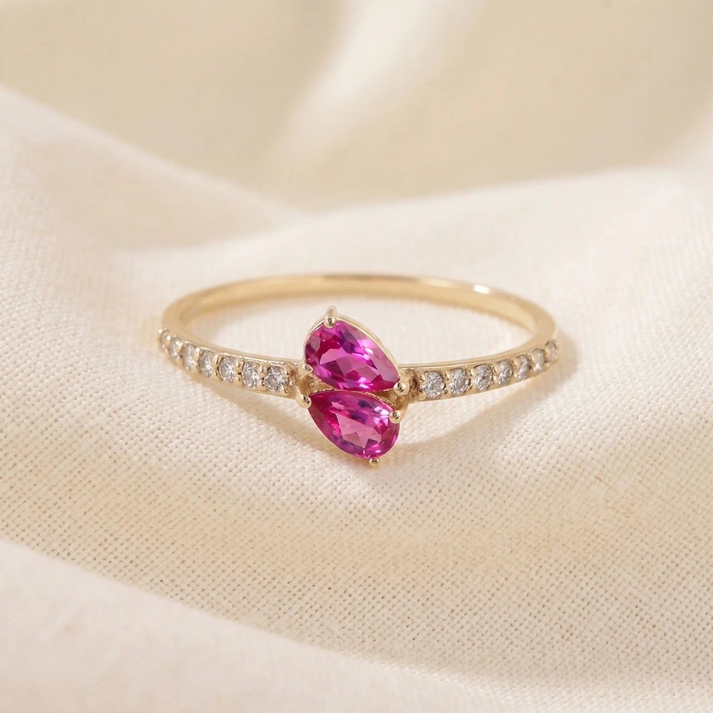 9K Gold Ring Lab Grown Diamond And Hot Pink Tourmaline