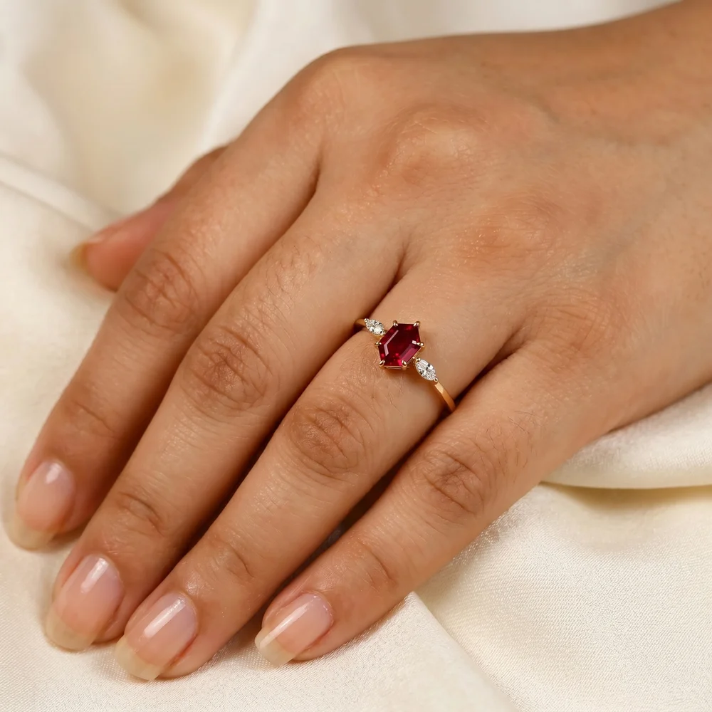 9Kt Gold Ring With Lab Grown Diamond And Pigeon Blood Ruby 9Kt Gold Ring With Lab Grown Diamond And Pigeon Blood Ruby