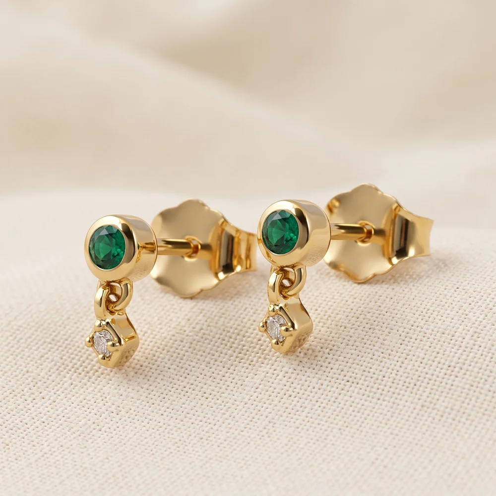 9Kt Gold Earrings with Lab Grown Diamond, Columbia Emerald 9Kt Gold Earrings with Lab Grown Diamond, Columbia Emerald