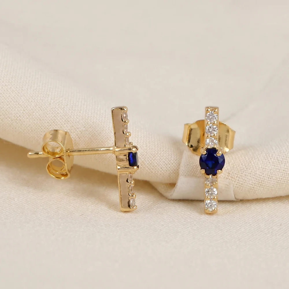 9Kt Gold Earrings with Lab Grown Diamond, Royal Blue Sapphire 9Kt Gold Earrings with Lab Grown Diamond, Royal Blue Sapphire