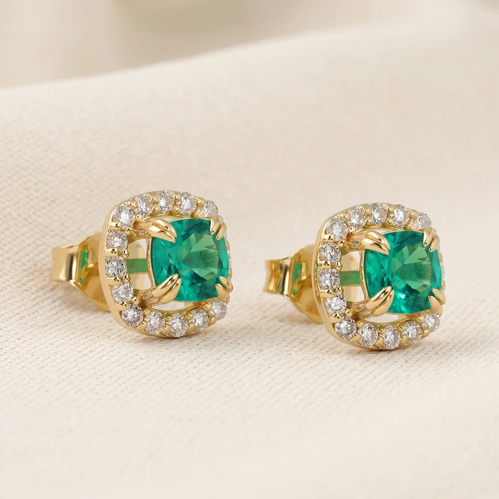9Kt Yellow Gold Earrings with Lab Diamond, Columbia Emerald 9Kt Yellow Gold Earrings with Lab Diamond, Columbia Emerald