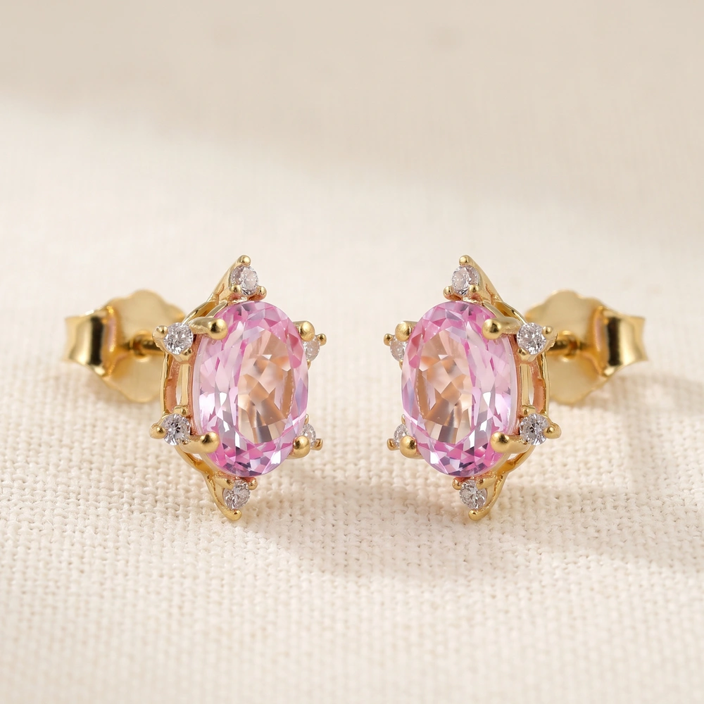 Lab Grown Padparadscha Sapphire Diamond Gold Studs Lab Grown Padparadscha Sapphire Diamond Gold Studs