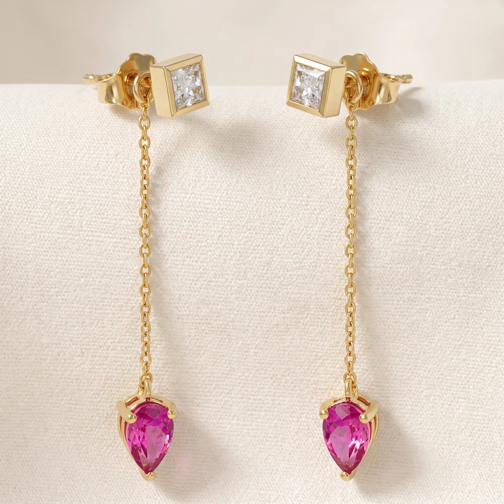 Lab Grown Hot Pink Tourmaline Diamond 9Kt Gold Earrings