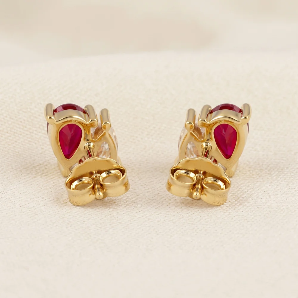 Gold Earrings with Lab Grown Diamond, Pigeon Blood Ruby