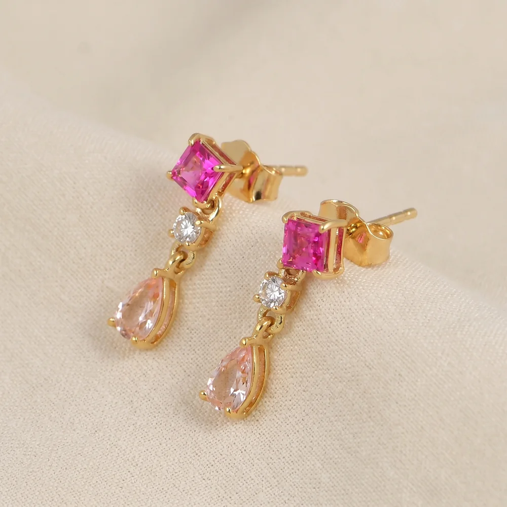Lab Grown Hot Pink Tourmaline Diamond Gold Drop Earrings