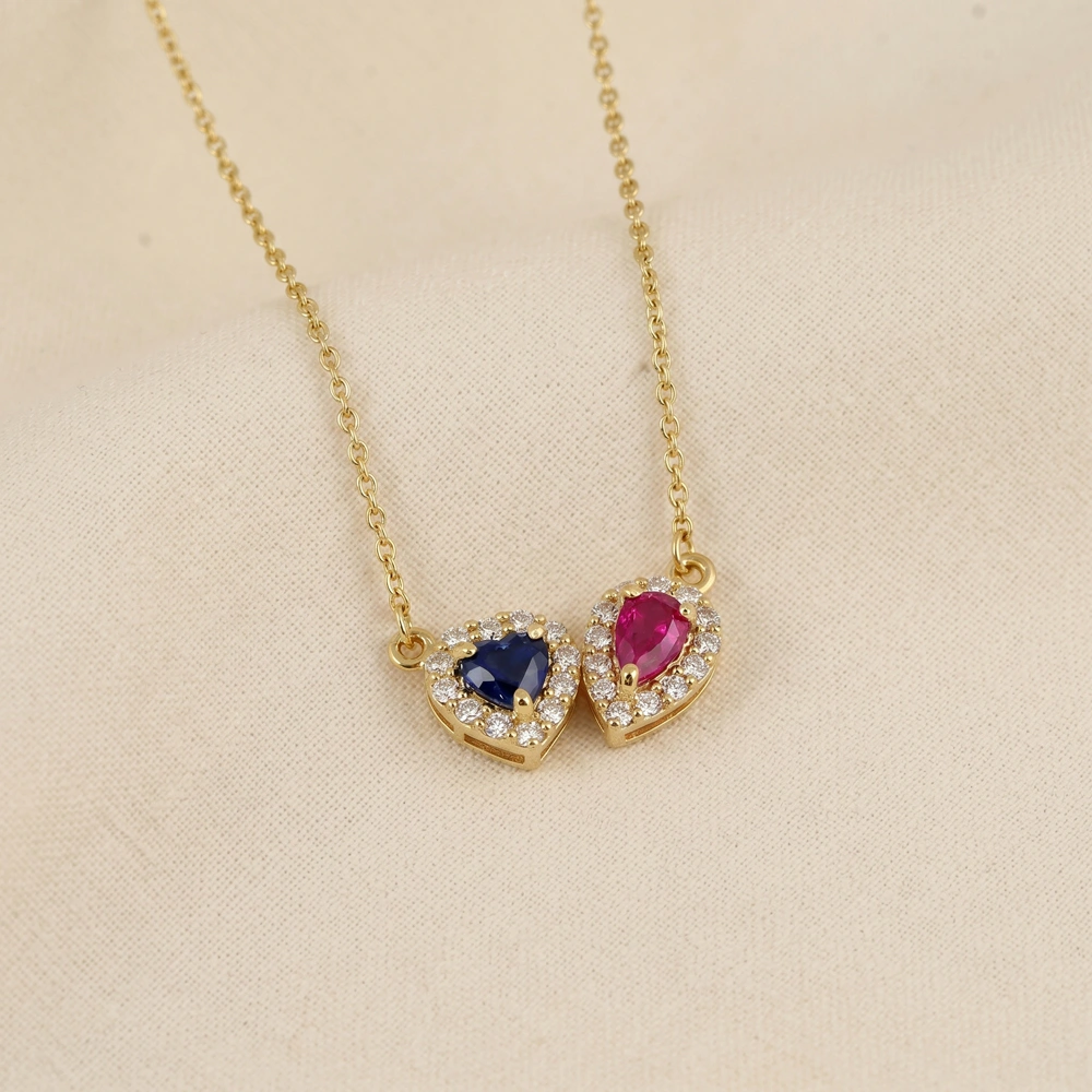 Lab Diamond Pink Tourmaline Blue Sapphire Gold Necklace Lab Diamond Pink Tourmaline Blue Sapphire Gold Necklace
