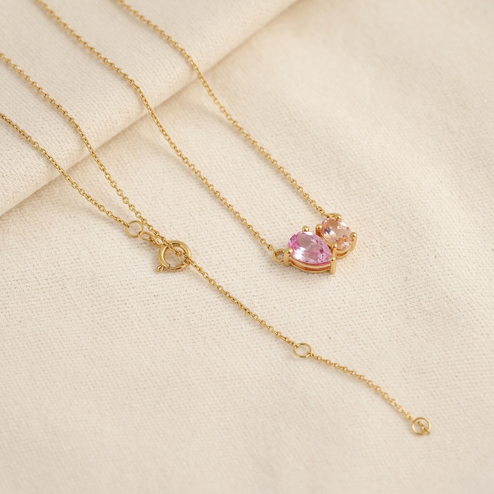 Lab Grown Padparadscha Sapphire, Morganite 9Kt Gold Necklace