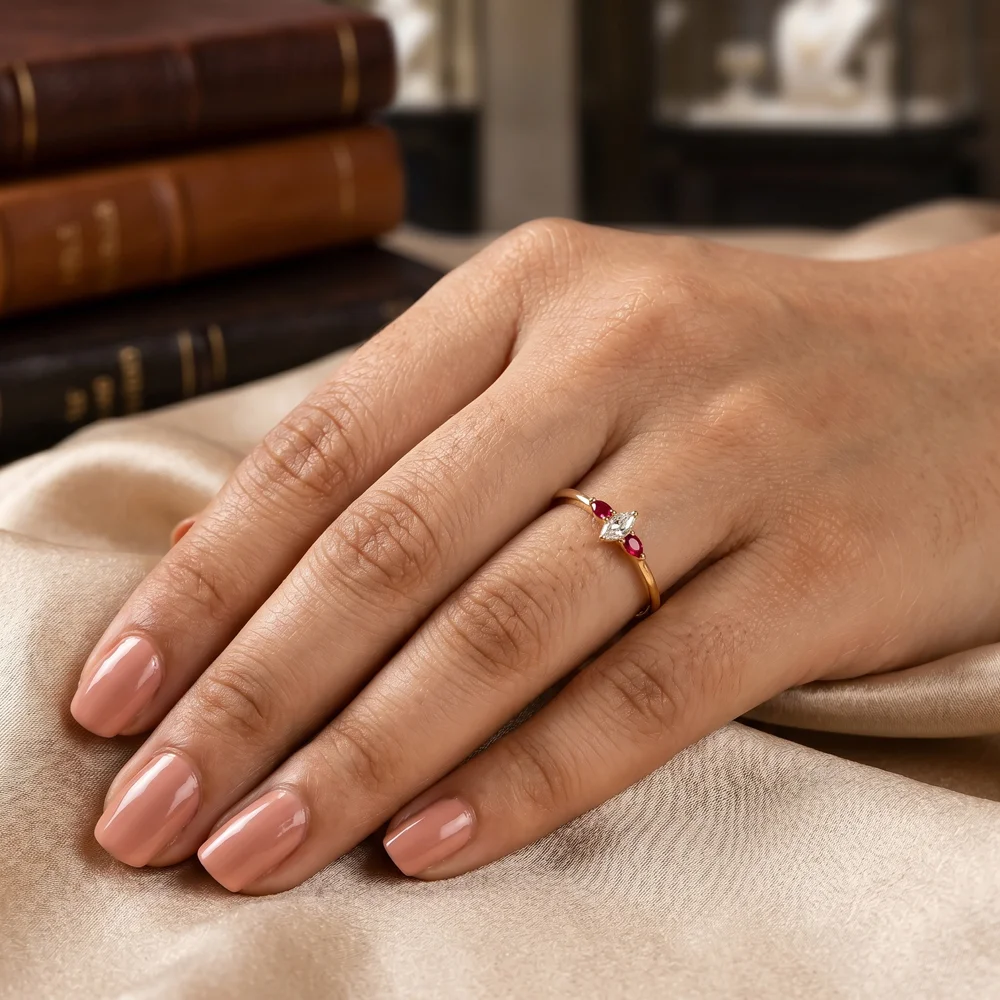 10Kt Gold Ring with Lab Grown Pigeon Blood Ruby, Diamond 10Kt Gold Ring with Lab Grown Pigeon Blood Ruby, Diamond
