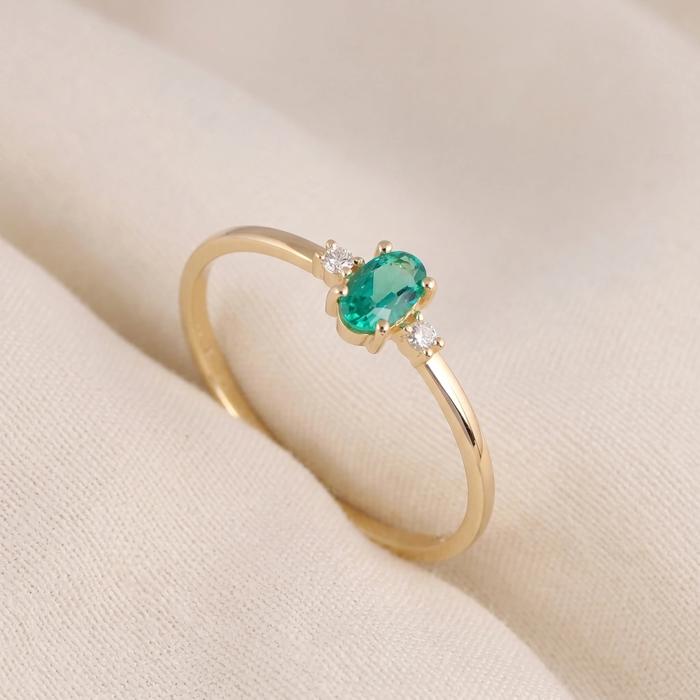 Gold Delicate Ring With Lab Grown Columbia Emerald, Diamond Gold Delicate Ring With Lab Grown Columbia Emerald, Diamond