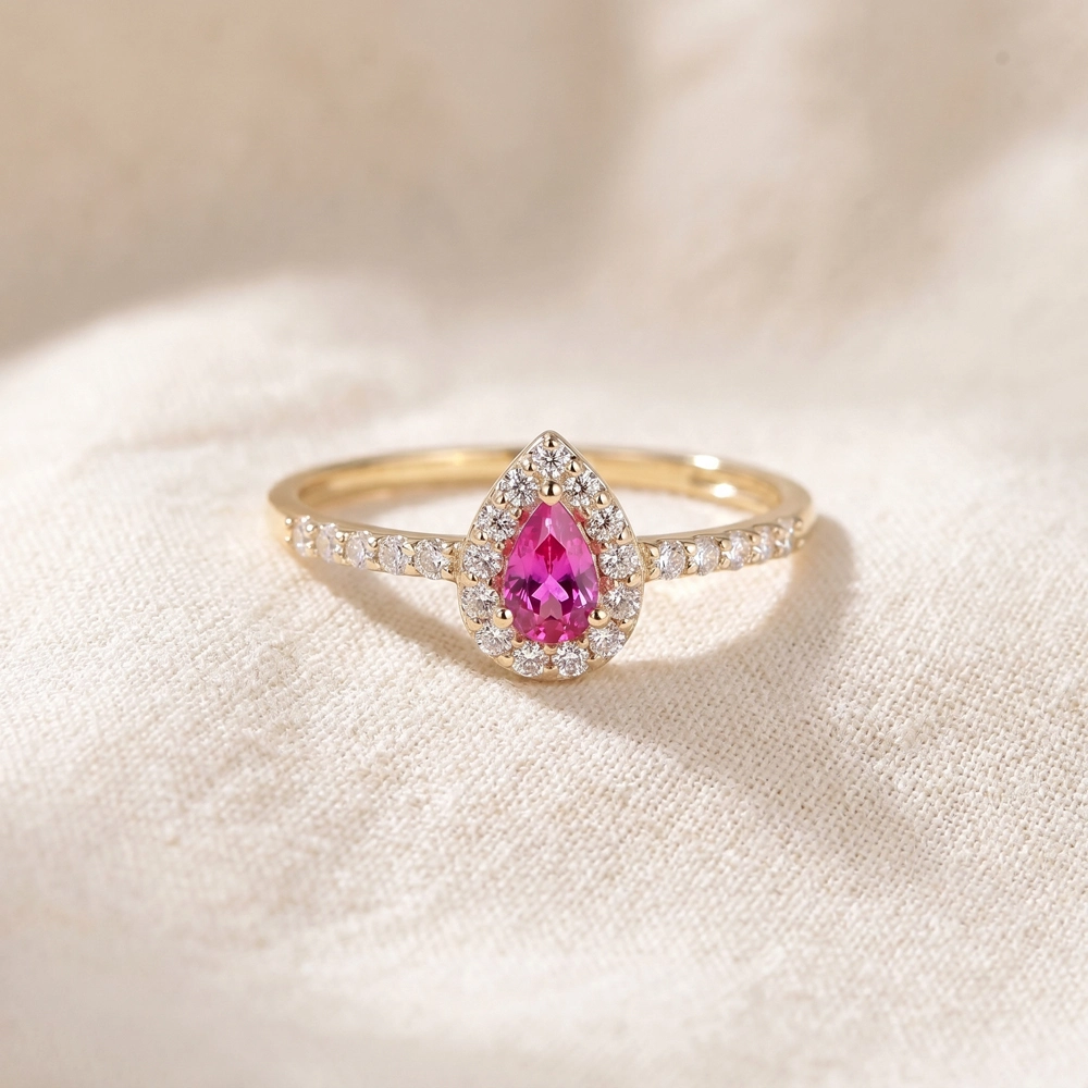 9Kt Yellow Gold Ring: Lab Grown Hot Pink Tourmaline, Diamond