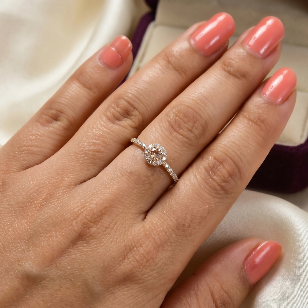 9Kt Yellow Gold Ring With Lab Grown Morganite And Diamond 9Kt Yellow Gold Ring With Lab Grown Morganite And Diamond