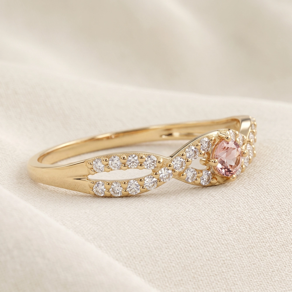 Gold Ring With Lab Grown Padparadscha Sapphire And Diamond Gold Ring With Lab Grown Padparadscha Sapphire And Diamond
