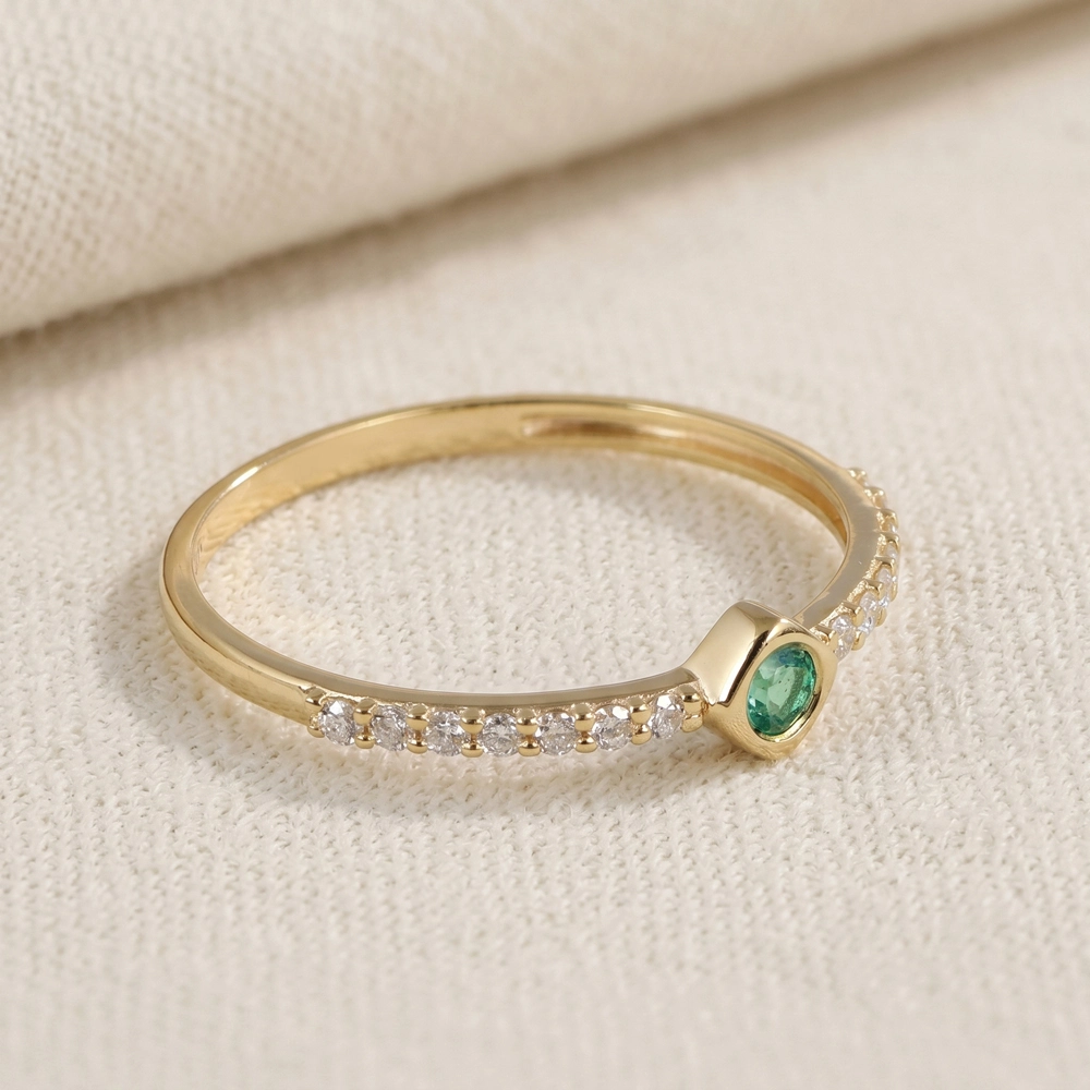 Solid Gold Ring With Lab Grown Columbia Emerald, Diamond Solid Gold Ring With Lab Grown Columbia Emerald, Diamond