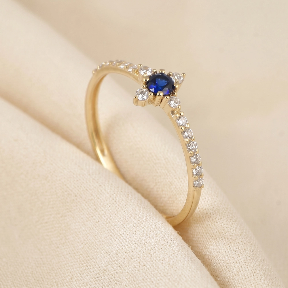 9Kt Yellow Gold Ring With Lab Grown Diamond, Blue Sapphire 9Kt Yellow Gold Ring With Lab Grown Diamond, Blue Sapphire