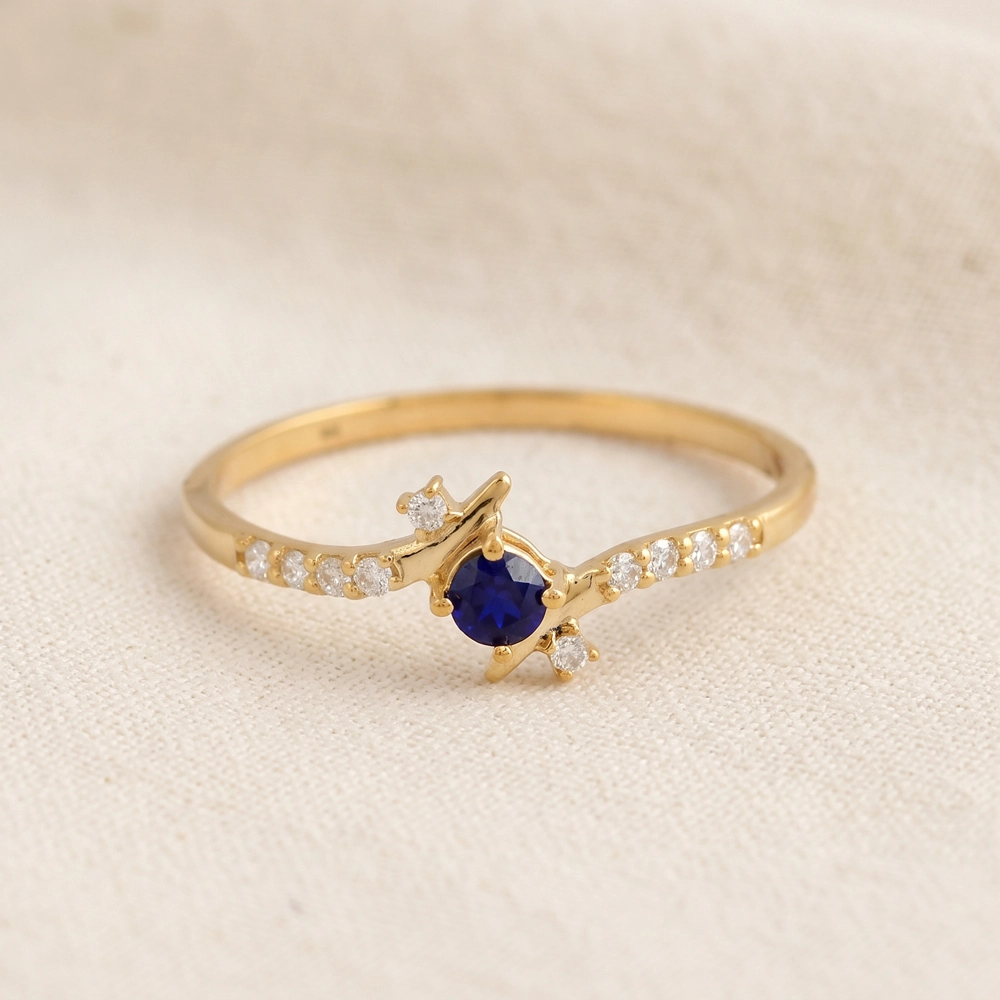 Gold Ring With Lab Grown Diamond, Royal Blue Sapphire Gold Ring With Lab Grown Diamond, Royal Blue Sapphire