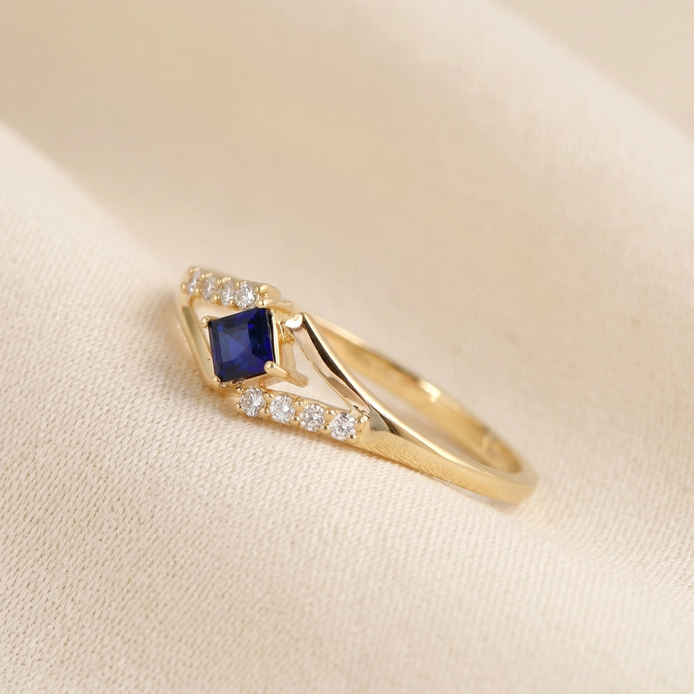 Solid Gold Ring With Lab Grown Royal Blue Sapphire, Diamond Solid Gold Ring With Lab Grown Royal Blue Sapphire, Diamond