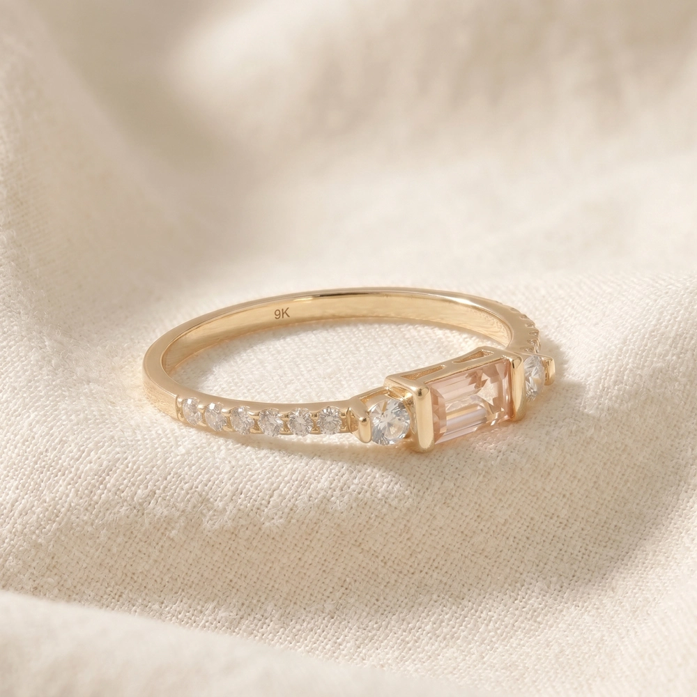 9Kt Solid Yellow Gold Ring With Lab Grown Diamond, Morganite