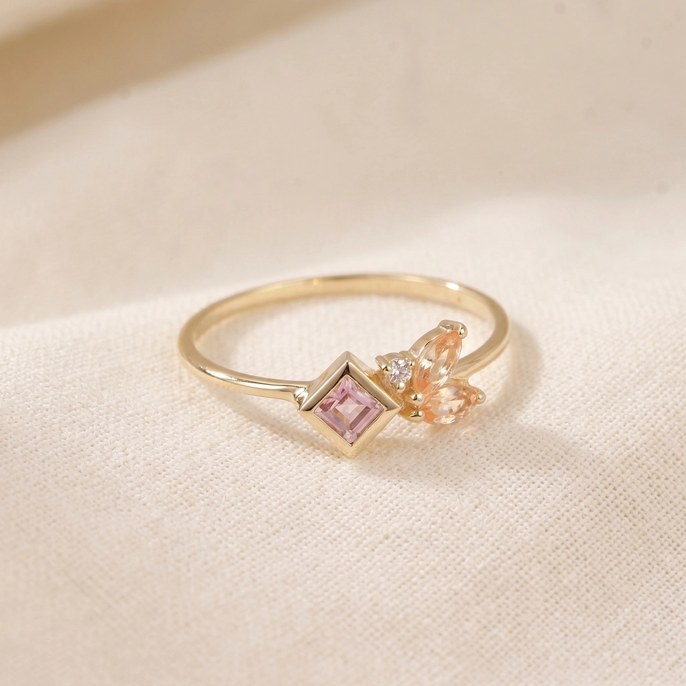 Lab Grown Diamond Padparadscha Sapphire Morganite Gold Ring Lab Grown Diamond Padparadscha Sapphire Morganite Gold Ring