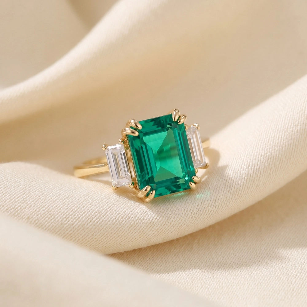 Lab Created Diamond And Columbia Emerald 9Kt Yellow Gold Ring