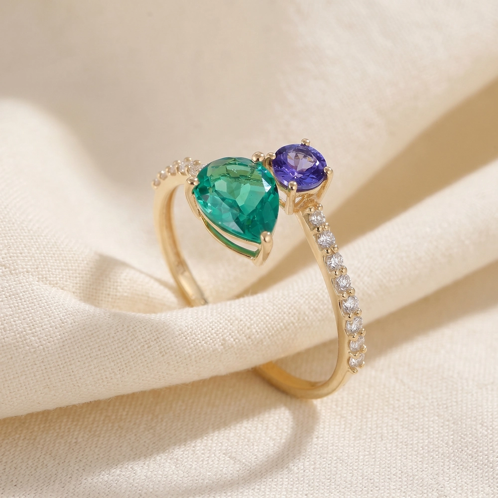 9Kt Gold Tanzanite Ring Lab Grown Diamond, Columbia Emerald 9Kt Gold Tanzanite Ring Lab Grown Diamond, Columbia Emerald