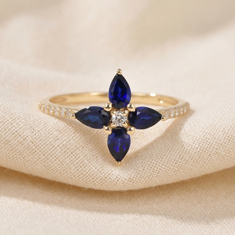 9 Karat Gold Ring Lab Grown Diamond, Royal Blue Sapphire 9 Karat Gold Ring Lab Grown Diamond, Royal Blue Sapphire
