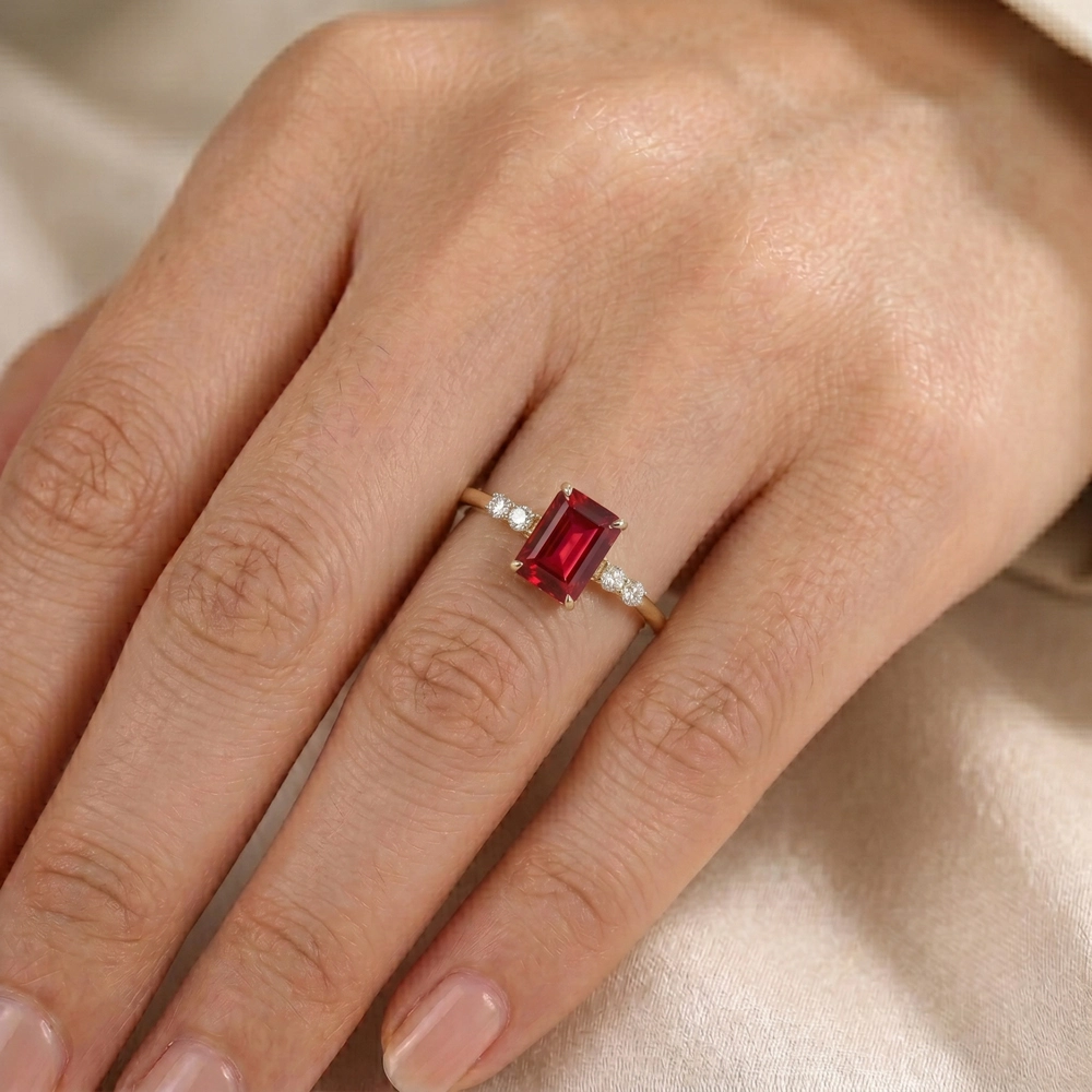 9Kt Yellow Gold Ring Lab Grown Diamond And Pigeon Blood Ruby