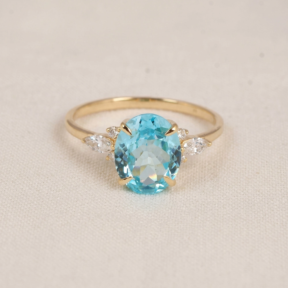 Lab Diamond And Paraiba Tourmaline 9 Karat Yellow Gold Ring