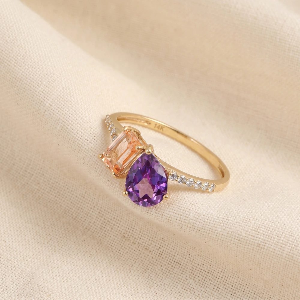 Lab Grown Diamond, Morganite And Alexandrite 9Kt Gold Ring Lab Grown Diamond, Morganite And Alexandrite 9Kt Gold Ring