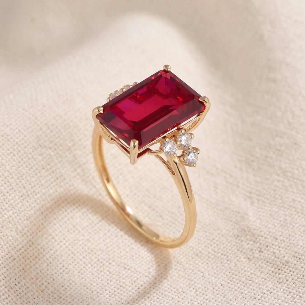 9Kt Yellow Gold Ring Lab Grown Pigeon Blood Ruby, Diamond 9Kt Yellow Gold Ring Lab Grown Pigeon Blood Ruby, Diamond