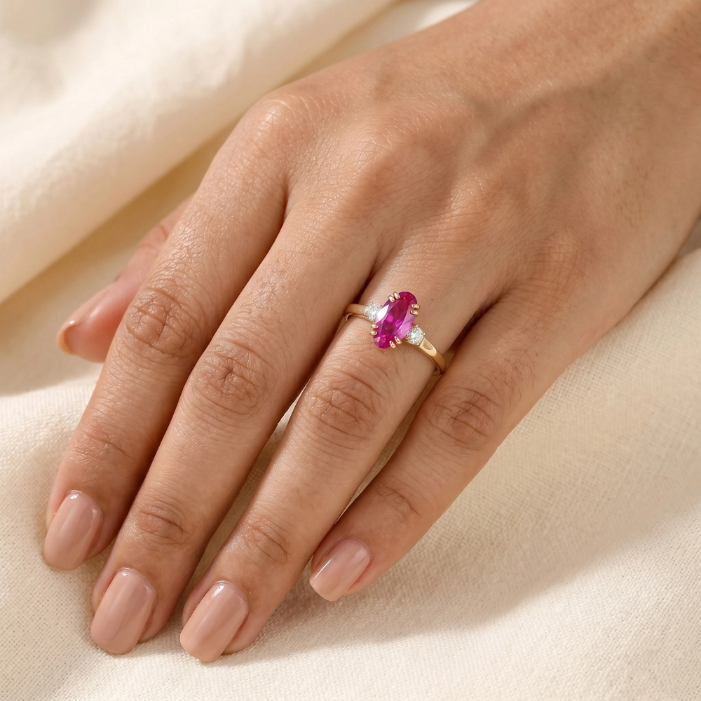 Lab Grown Diamond 9Kt Gold Ring With Hot Pink Tourmaline