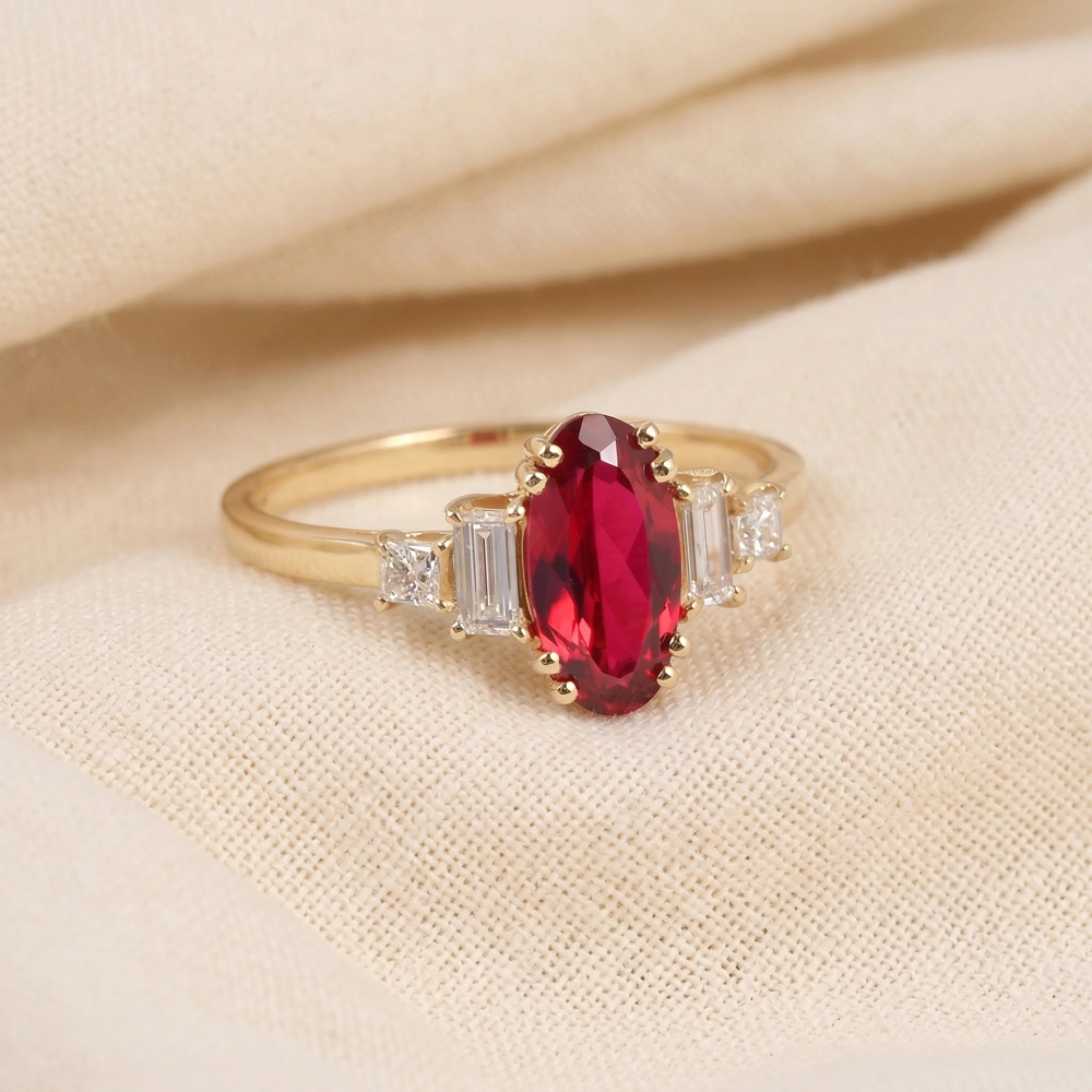 9Kt Yellow Gold Ring With Lab Diamond And Pigeon Blood Ruby 9Kt Yellow Gold Ring With Lab Diamond And Pigeon Blood Ruby