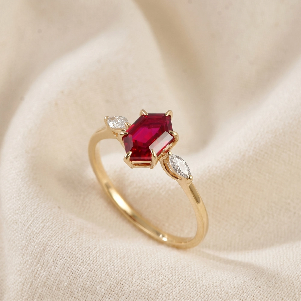 9Kt Gold Ring With Lab Grown Diamond And Pigeon Blood Ruby 9Kt Gold Ring With Lab Grown Diamond And Pigeon Blood Ruby