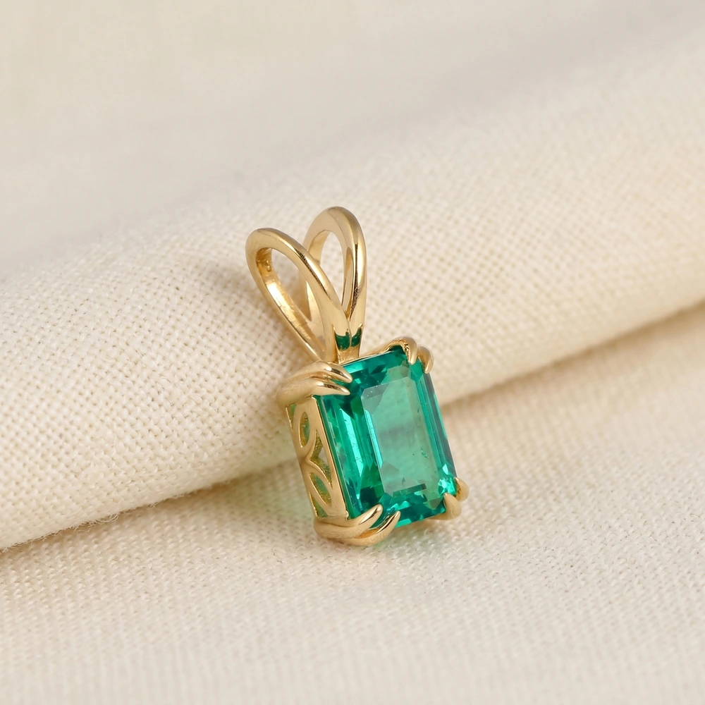 Handcrafted 9Kt Yellow Gold Charm Lab Grown Columbia Emerald