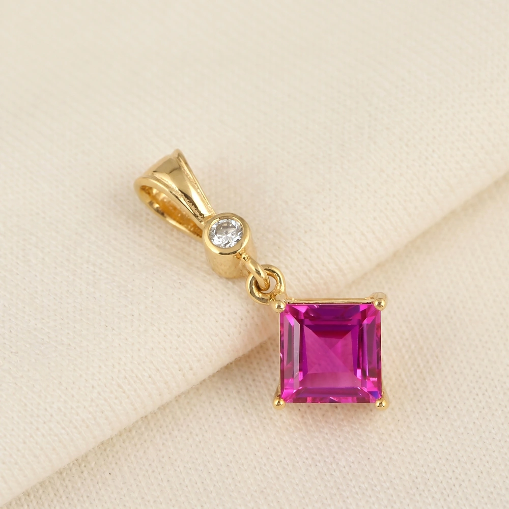 Lab Grown Diamond Hot Pink Tourmaline Yellow Gold Charm Lab Grown Diamond Hot Pink Tourmaline Yellow Gold Charm