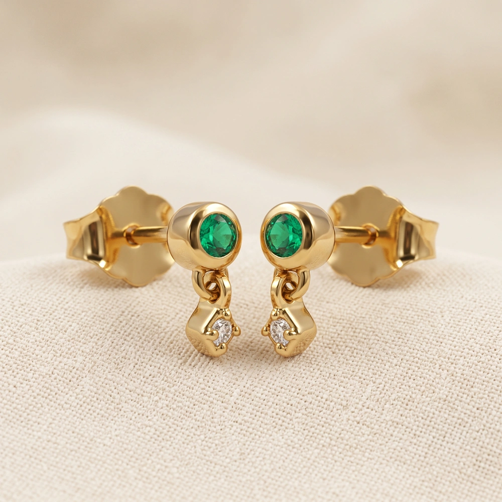 9Kt Gold Earrings with Lab Grown Diamond, Columbia Emerald 9Kt Gold Earrings with Lab Grown Diamond, Columbia Emerald