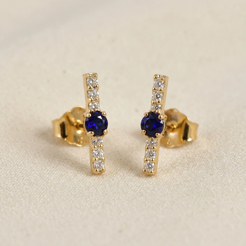 9Kt Gold Earrings with Lab Grown Diamond, Royal Blue Sapphire 9Kt Gold Earrings with Lab Grown Diamond, Royal Blue Sapphire