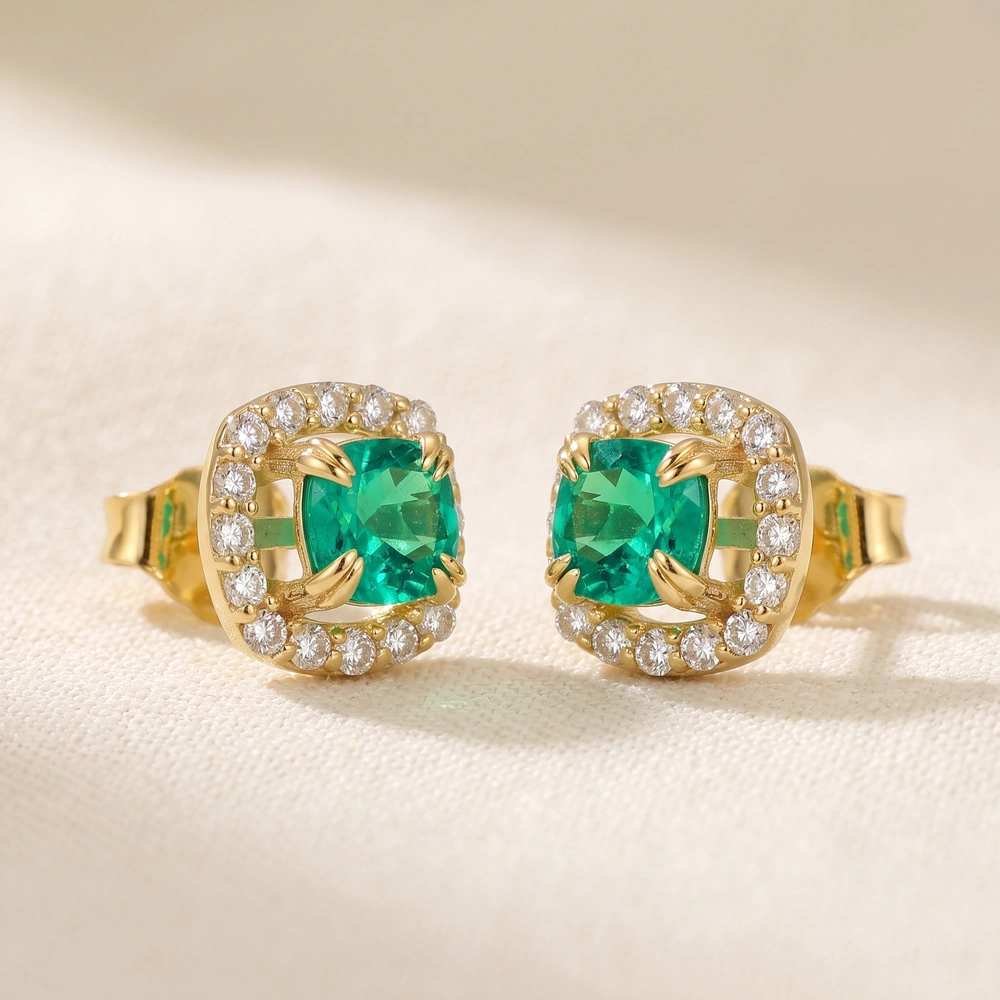 9Kt Yellow Gold Earrings with Lab Diamond, Columbia Emerald 9Kt Yellow Gold Earrings with Lab Diamond, Columbia Emerald