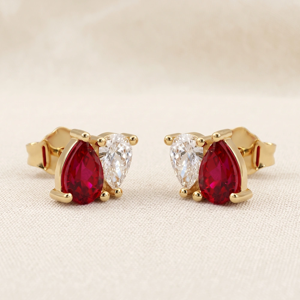 Gold Earrings with Lab Grown Diamond, Pigeon Blood Ruby
