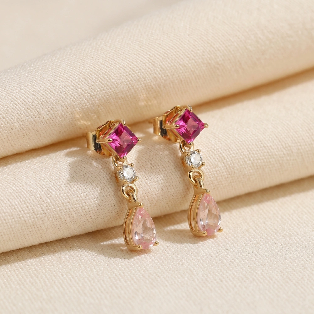 Lab Grown Hot Pink Tourmaline Diamond Gold Drop Earrings