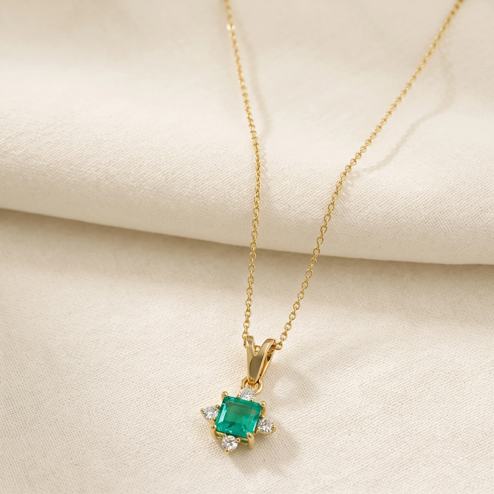 9Kt Gold Pendant with Lab Grown Diamond, Columbia Emerald 9Kt Gold Pendant with Lab Grown Diamond, Columbia Emerald