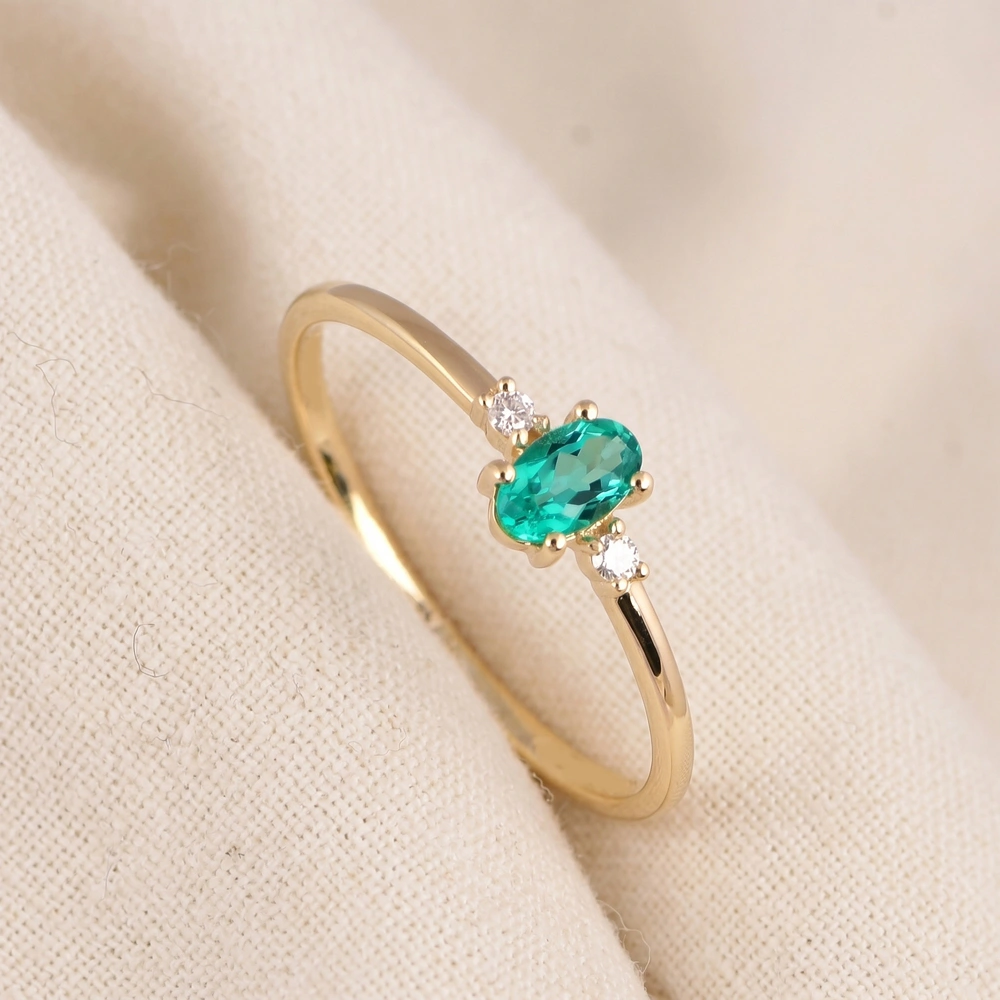 Gold Delicate Ring With Lab Grown Columbia Emerald, Diamond Gold Delicate Ring With Lab Grown Columbia Emerald, Diamond