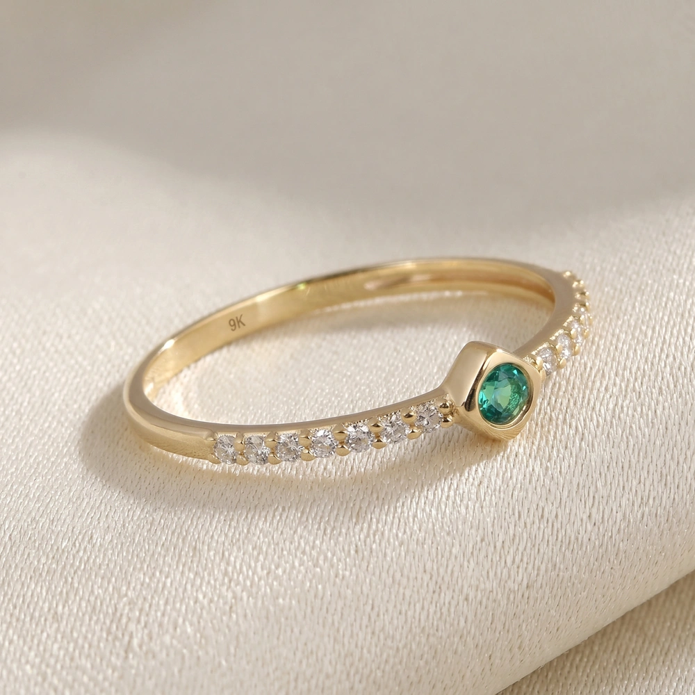 Solid Gold Ring With Lab Grown Columbia Emerald, Diamond Solid Gold Ring With Lab Grown Columbia Emerald, Diamond
