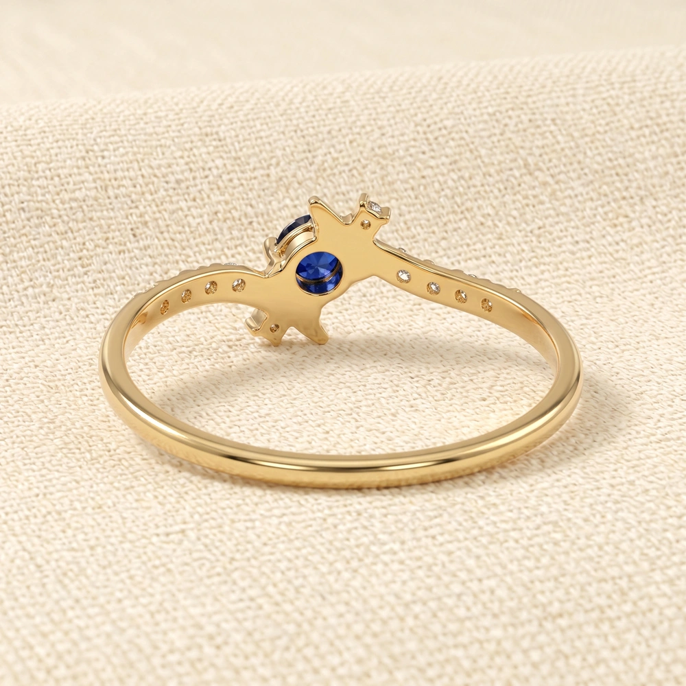 Gold Ring With Lab Grown Diamond, Royal Blue Sapphire Gold Ring With Lab Grown Diamond, Royal Blue Sapphire