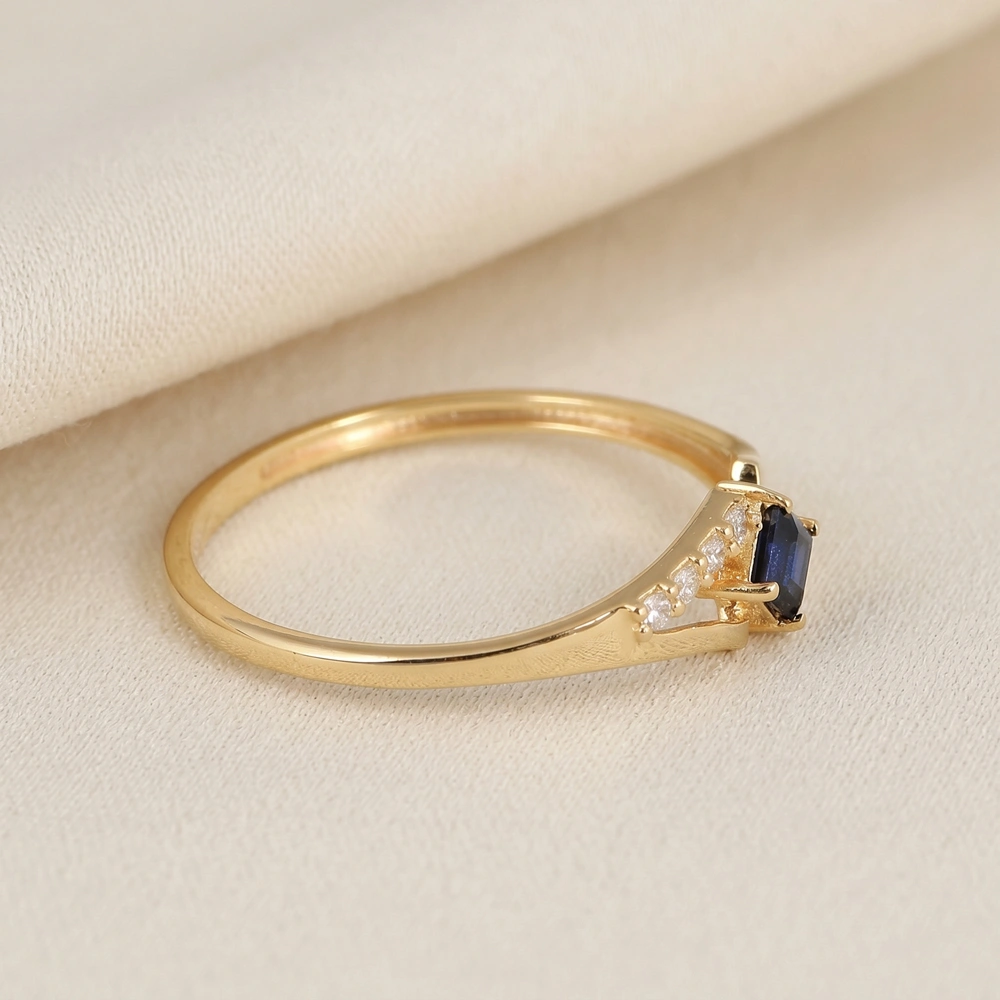 Solid Gold Ring With Lab Grown Royal Blue Sapphire, Diamond Solid Gold Ring With Lab Grown Royal Blue Sapphire, Diamond