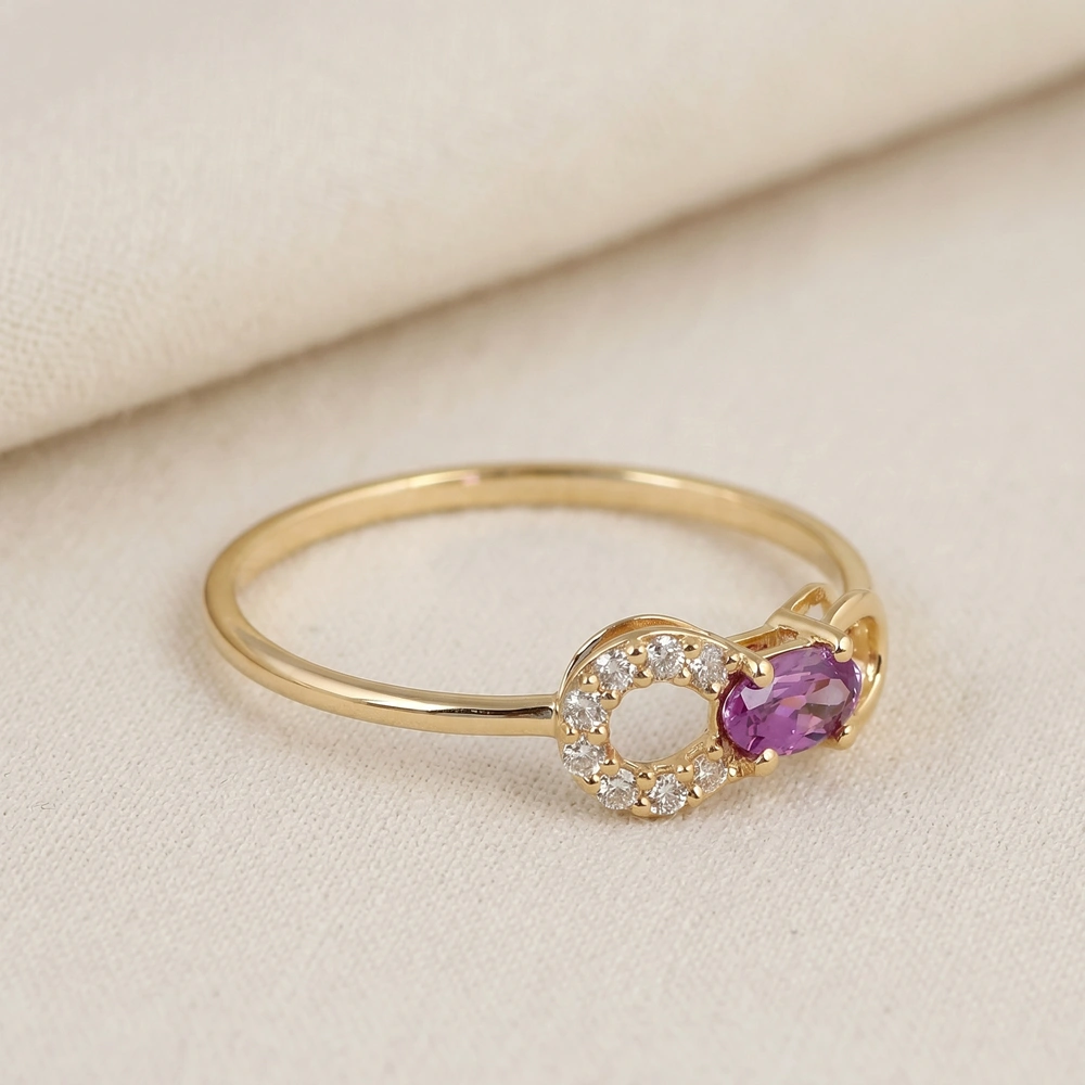9Kt Yellow Gold Ring With Lab Grown Diamond, Alexandrite 9Kt Yellow Gold Ring With Lab Grown Diamond, Alexandrite
